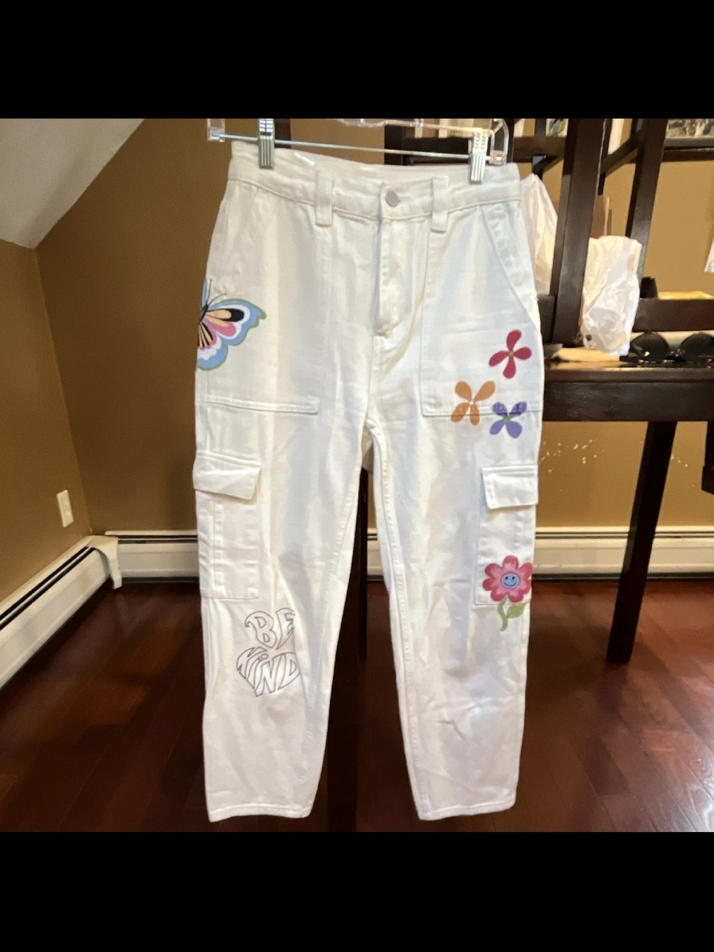 PacSun White Cargo Jeans with Colorful Floral Patches